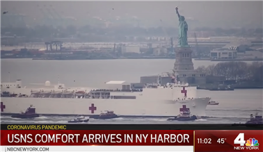 当地时间3月30日，拥有1000张床位的美国海军医院船“安慰号”（USNS Comfort）抵达纽约港，协助疫情重灾区纽约缓解医疗资源紧张的困境。当“安慰号”驶入曼哈顿90号码头时，大批纽约民众将“社交距离”抛诸脑后，码头铁栏外人头攒动、挤成一团，有人挥舞着美国国旗，他们身边还时不时有晨跑的民众经过。3月28日，“安慰号”的姐妹号海军医院“仁慈号（Mercy）”已经从圣地亚哥母港抵达洛杉矶港口，开始接纳病人。仁慈号（Mercy）和安慰号（Comfort）建于上世纪80年代，特别为在重大战争和自然灾害期间提供医疗服务，支撑医院的船体是退役的圣克莱门特级油轮。