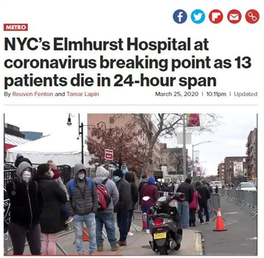 随着纽约疫情越来越严重，皇后区的艾姆赫斯特医院中心(Elmhurst Hospital Center)也已经不堪重负。据报道，3月23日周一仅一夜就有13名新冠确诊病患在艾姆赫斯特医院死亡。